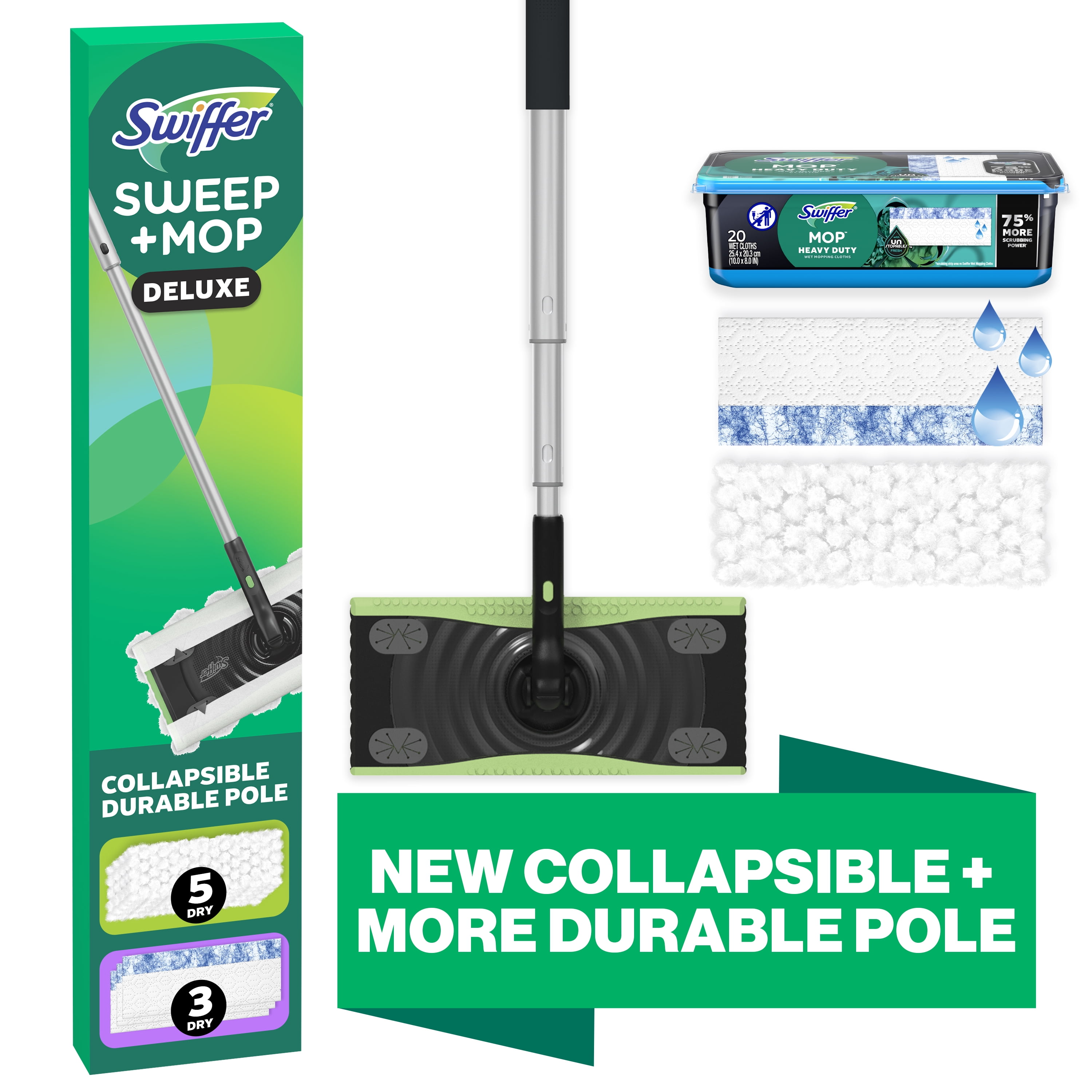 Swiffer Sweep + Mop Deluxe Floor Cleaner Bundle Includes 1 Sweep + Mop Device, 23 Heavy Duty Wet Mopping Pads, 5 Heavy Duty Dry Sweeping Cloths