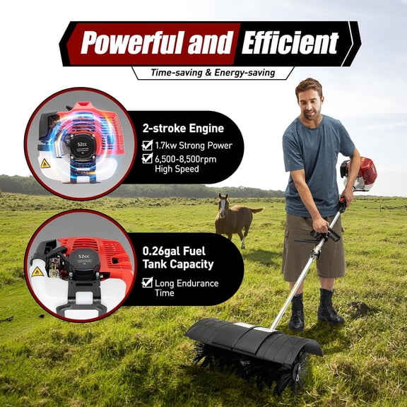 Sweeper Machine, Handheld Gas Powered Sweeper Cleaning Broom52CC 2.3HP 1700W 2 Stroke Air Cooled Motor EPA Engine