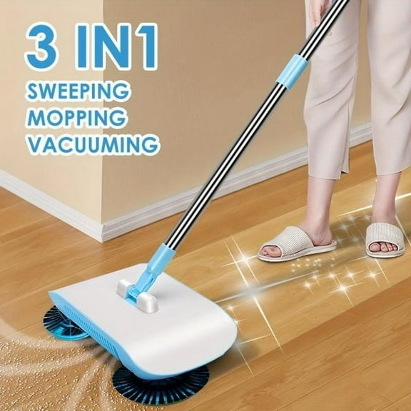 Sweeper Tool, Living Room or Kitchen Cleaning Use, 1pc Three-in-one Push Sweeper, Convenient Design with Dual Side Brushes, Dustpan-free Collection, Floor or Tile Surface, Ihhxbz | Blue