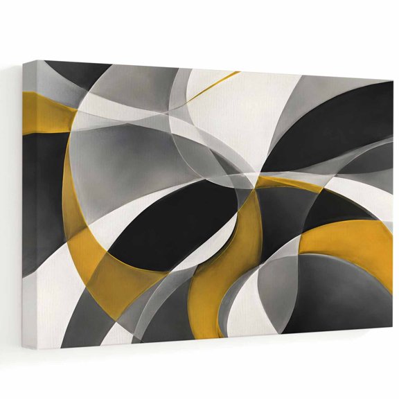 Sweeping Arcs Canvas Wall Art, Abstract Black White Yellow Overlapping Ribbons Wooden‑Stretched Canvas Print Artwork, Home Wall Decor for Living Room Bedroom Office 10"Lx8"W
