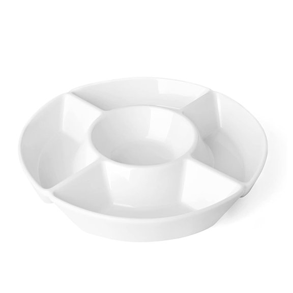 Sweese Porcelain Chip & Dip Serving Set - Divided Platter 5 Compartments, Relish Tray for Snacks, Veggies, Candy - Durable, Microwave & Dishwasher Friendly - Elegant White Design for Parties A101