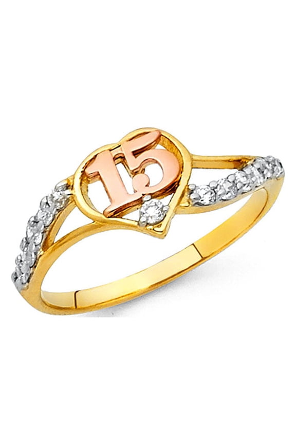 Sweet 15 Quinceanera Ring Solid 14k Yellow White Rose Gold Quince Band Heart CZ Curve Style , Size 6