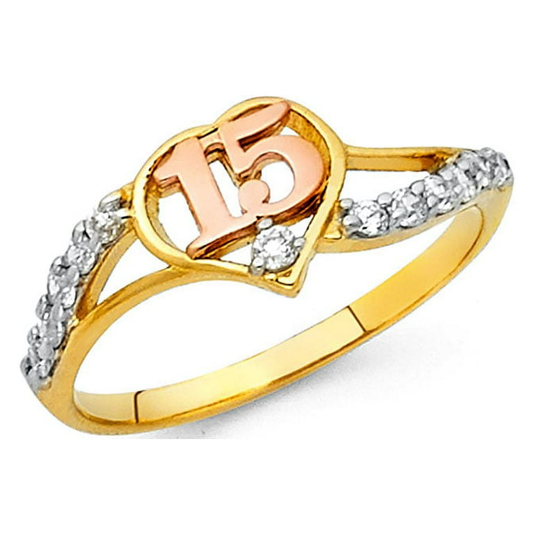 Sweet 15 Quinceanera Ring Solid 14k Yellow White Rose Gold Quince Band Heart CZ Curve Style Size 7.5