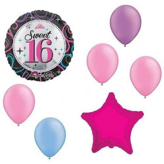 Sweet 16 16th Neon Hot Pink Blue Purple 7 Pc Birthday Party Bouquet Balloons Set