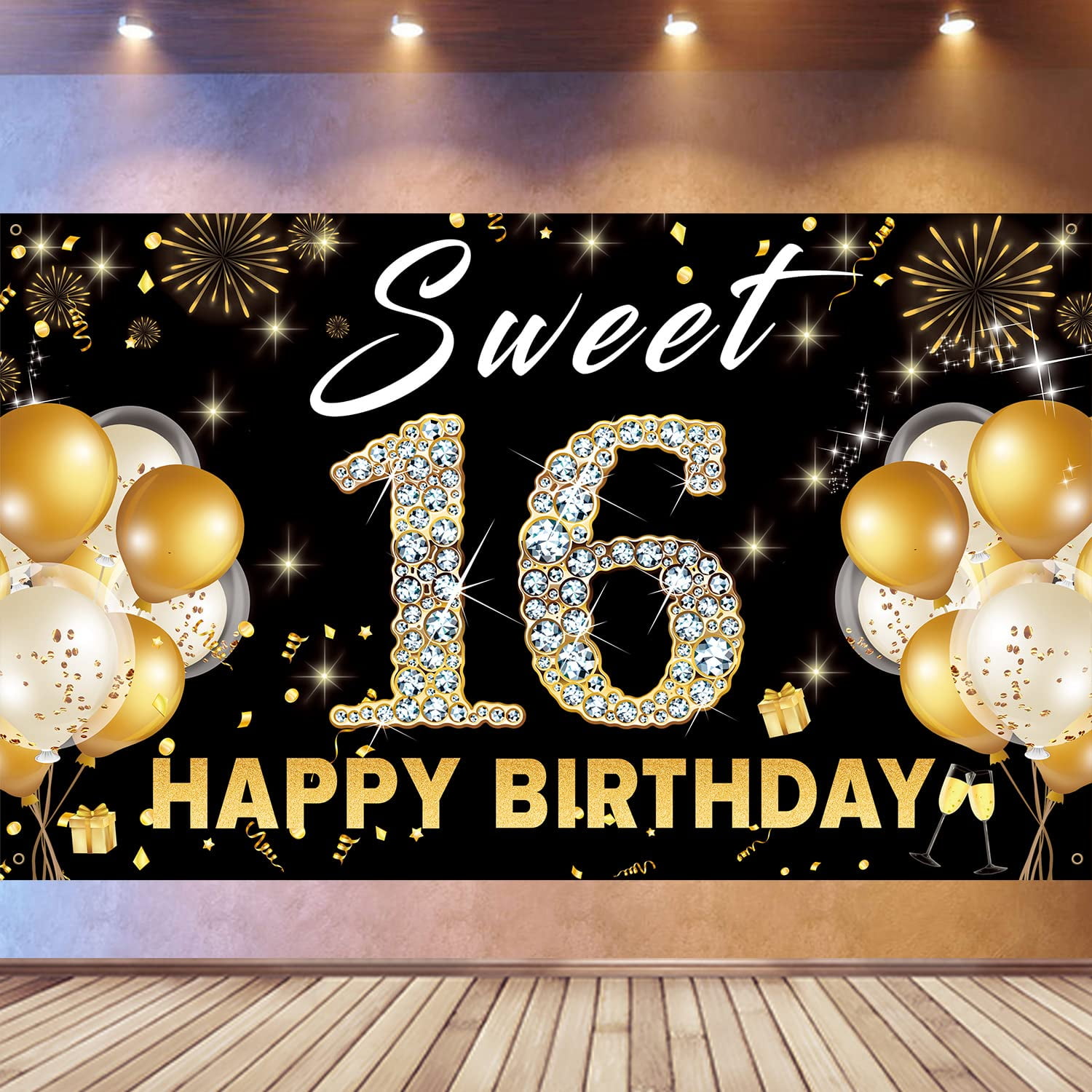 Sweet 16 Backdrop Birthday Decorations, Sweet Sixteen Photo Booth Props,  Black Gold Happy 16th Birthday Party Decorations For Girls, Large  Fabric 16th Birthday Backdrop Banner 71 * 43 inch PHXEY 
