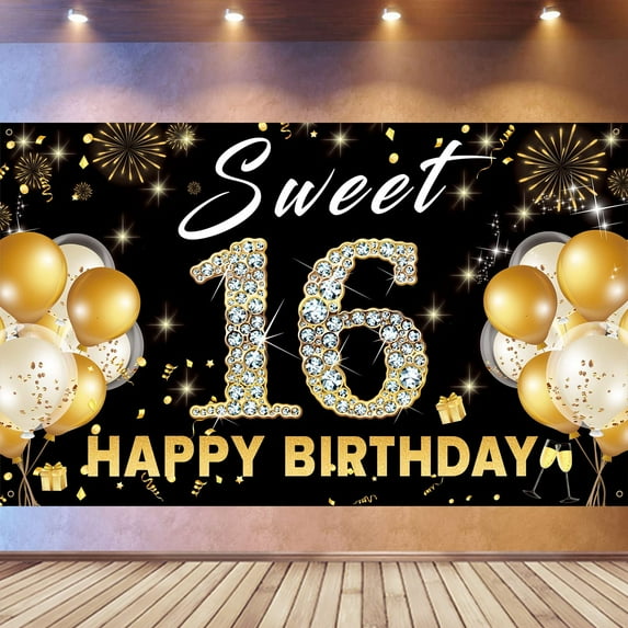 Sweet 16 Backdrop Birthday Decorations, Sweet Sixteen Photo Booth Props, Black Gold Happy 16th Birthday Party Decorations For Girls, Large Fabric 16th Birthday Backdrop Banner 84 * 59 inch