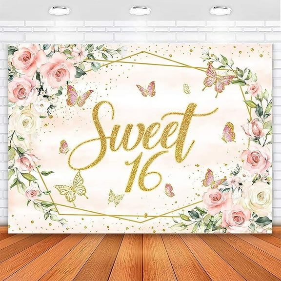 Sweet 16 Backdrop Blush Pink Flower Butterfly Gold Dots Photography Background for Women Happy Birthday Sweet 16 Banner Cake Table Cake Dessert Table Decorations pink 10x7ft