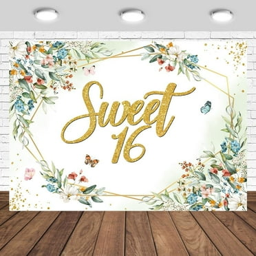 Sweet 16 Backdrop Wildflower Butterfly 16th Birthday Photography Background Girl's 16th Birthday Party Decorations Banner Photo Studio Props