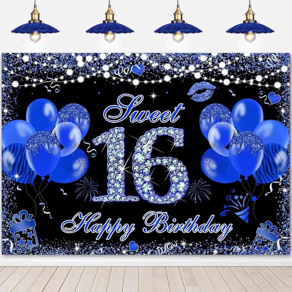 Sweet 16 Birthday Backdrop Blue Silver Sweet Sixteen Birthday Photography Background for Girls Blue Glitter Dots Balloons 16 Year Old Happy Birthday Party Decorations Banner Photo Booth Props