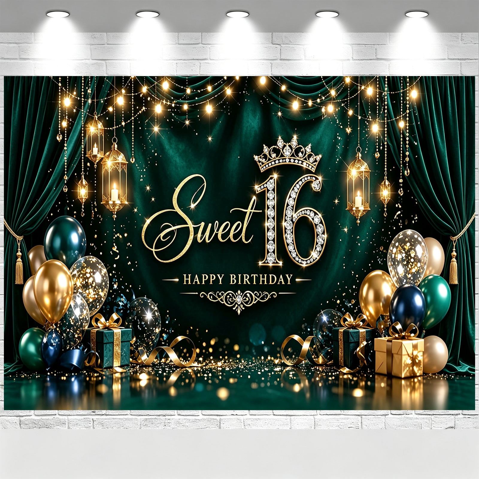 Sweet 16 Birthday Backdrop Green Curtain Crown Gift Box Birthday Banner ...