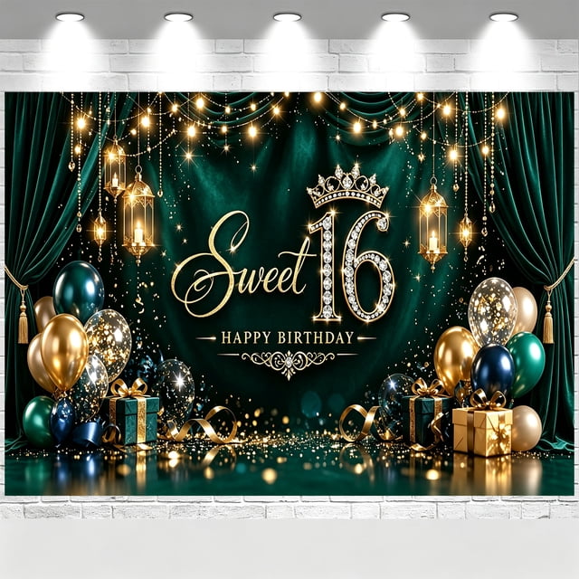 Sweet 16 Birthday Backdrop Green Curtain Crown Gift Box Birthday Banner ...