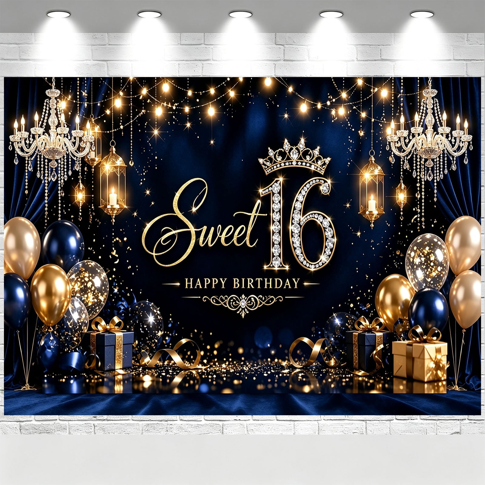 Sweet 16 Birthday Backdrop Navy Blue Glitter Crown Birthday Banner