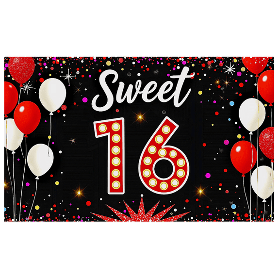 Sweet 16 Birthday Banner with Balloons Glitter and Sparkles Backdrop Party Decorations for Birthday Party Celebrations Photography Props Party Supplies