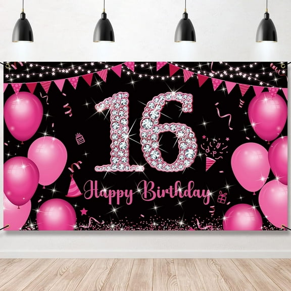 Sweet 16 Birthday Banner Hot Pink, Happy 16th Birthday Decorations for Girls, Sweet Sixteen Party Decorations, 16 Year Old Birthday Photo Props Yard Sign Decor Supplies