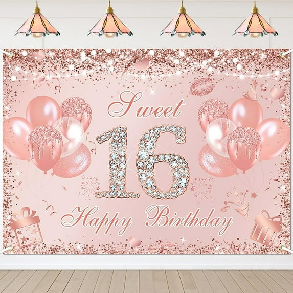 Sweet 16 Birthday Banner Rose Gold Sweet Sixteen Party Decorations Girls Sweet 16 Backdrop Glitter Balloon 16 Year Old Birthday Photo Props Supplies (83x59 inch)