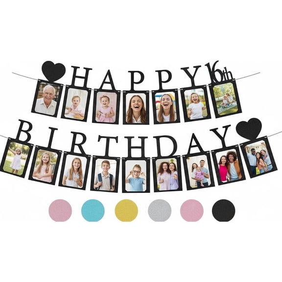 Sweet 16 Birthday Decorations Photo Banner in Black Sweet 16 Banner WITH Sixteen Photo Card Frames Party Supplies - Happy 16th birthday decorations for girls with 16 Signs