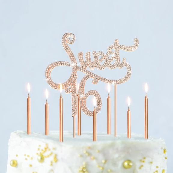 Sweet 16 Birthday Decorations Rhinestone Sweet 16 Cake Toppers 20 Pcs Metallic Happy Birthday Candles 16 Cake Decorations for Cupcake Decor(Rose Gold)