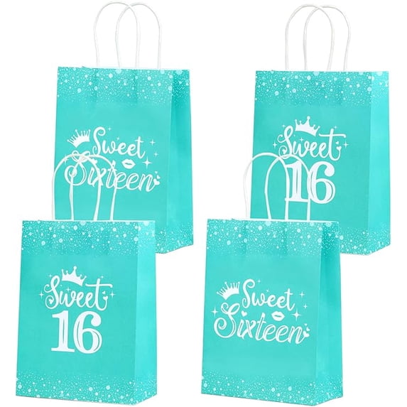 Sweet 16 Birthday Decorations Teal - 16pcs Party Favor Gift Bags with Handles, Teal Blue Candy Bags Goodie Bags for 16th Birthday Party, Turquoise Sweet Sixteen Decorations for Girls Boys