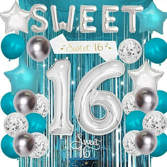 Joymemo Sweet 16 Birthday Girl's Decorations Set, Teal/Silver