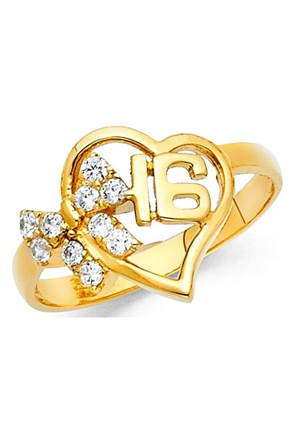 Sweet 16 Birthday Ring 14k Yellow Gold Heart Band CZ Cluster Stylish Curve Design Polished Size 7.5
