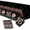 thumbnail image 1 of Sweet 16 Birthday Tablecloth Decorations for Girls, 3pcs Disposable Black and Rose Gold Happy 16th Birthday Party Supplies Table Cover, 86in x 55in$$Electronics Accessories, 1 of 7