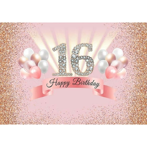 Sweet 16 Birthday rations Rose Gold Happy 16th Birthday Backdrop Banner for Pink Floral Party r Photo Props Fabric