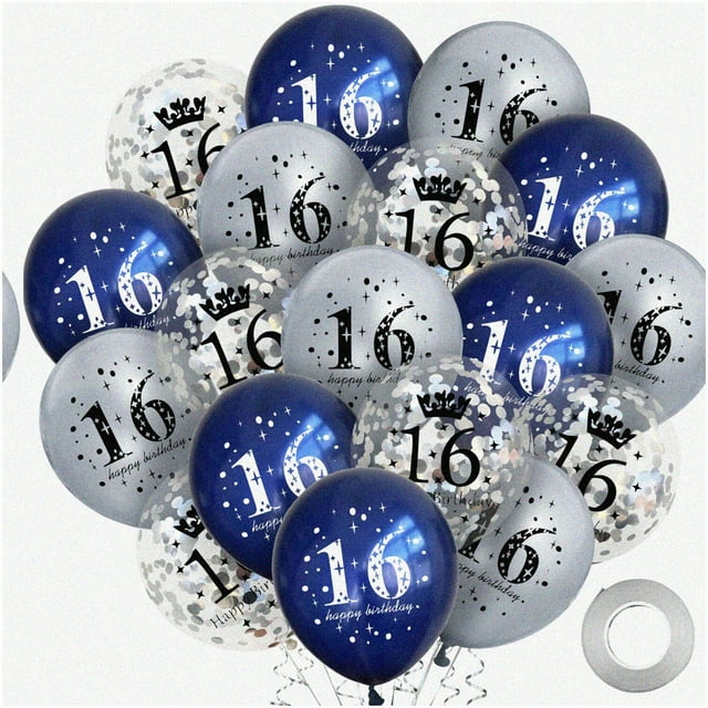 Sweet 16 Blue Silver Balloon Bash Kit - 18Pcs Happy 16th Birthday ...