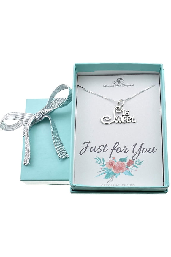 Sweet 16 Charm pendant in sterling silver on a 16 inch sterling silver box chain. Sweet Sixteen gift.