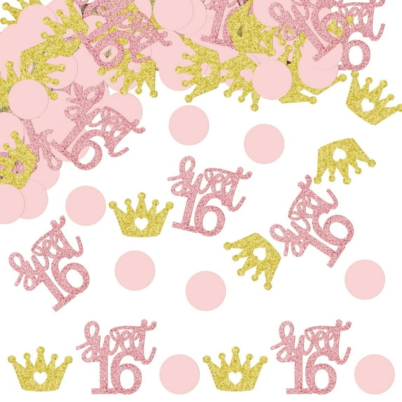 Sweet 16 Confetti, Rose Gold Glitter Sweet 16, Gold Glitter Crown and Pink Circles Confetti, Sweet 16th Birthday Party Decorations, Sweet Sixteen Party Decorations, 300 Pcs