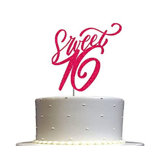Sweet 16 Glitter Cake Topper, Sixteen Birthday Party Decorations Ideas, Decoration, Sturdy Doubled Sided Glitter, Acrylic Stick. Made in USA (Fuchsia)