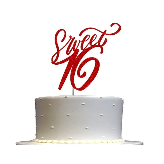 Sweet 16 Glitter Cake Topper, Sixteen Birthday Party Decorations Ideas, Sturdy Doubled Sided Glitter, Acrylic Stick (Red)