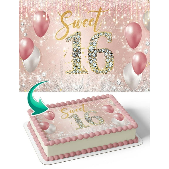 Sweet 16 Gold Rose Edible Image Cake Topper Personalized Birthday Sheet Decal Banner 1/4 Sheet