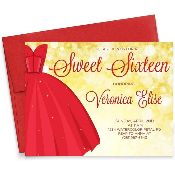 Sweet 16 Invitations Red and , Sweet 16 Invites with Envelopes, Red and 16th Birthday Invitations for Girls, Your choice of Quantity, Info and Envelope Color