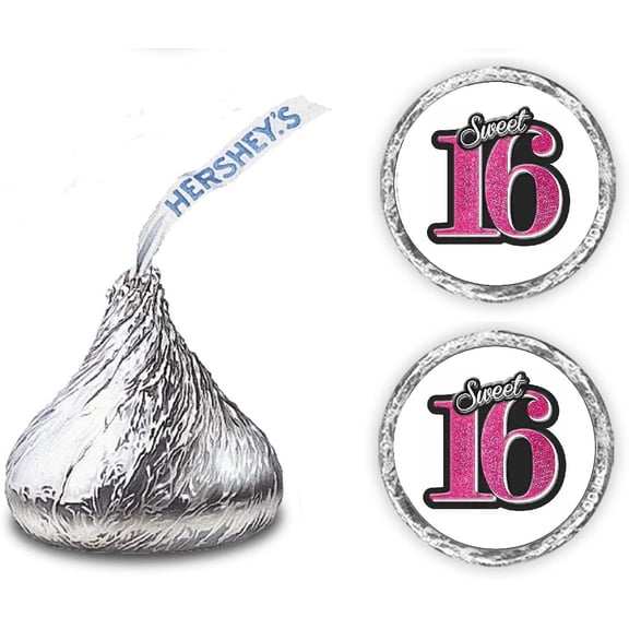 Sweet 16 Kisses Stickers, (Set of 216) 16 Birthday Chocolate Drops Labels Stickers For 16th Birthday, Kisses Party Favors Decor (Pink)