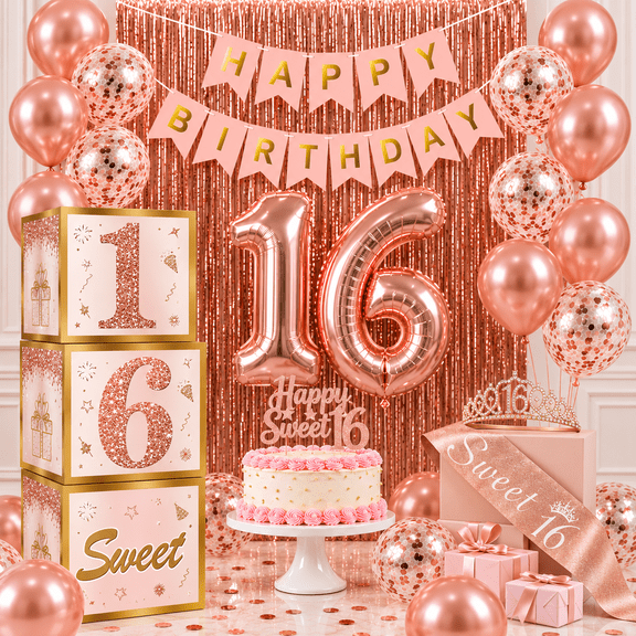 Happy Greetings Sweet 16 Party Decorations Kit for Girls, Rose Gold 16th Birthday Boxes, Balloon, Birthday Banner & Party Supplies Set for Women - 44 PCS