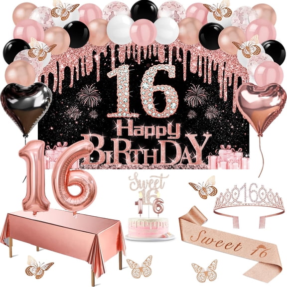 Sweet 16 Party Decorations, 49pcs Black Rose Gold Black Banner, Tablecloth, Butterfly Decor, Sweet 16 Sash and Tiara, Cake Topper, Candles, Balloons Arch Y101