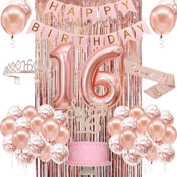 Sweet 16 Party Decorations for Girls, Happy 16th Birthday Banner Cake Topper Balloons Sash and Tiara, Rose Gold 16 Birthday Party Supplies for Girls Y102