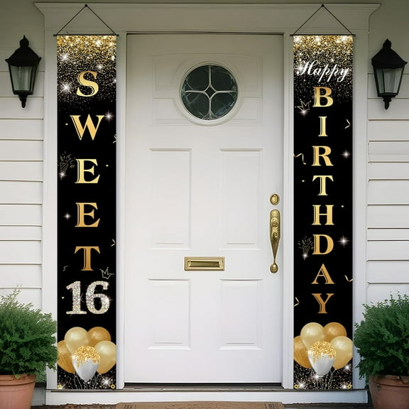 Sweet 16 Party Decorations Porch Sign Door Banner, Happy 16th Birthday Decorations for Boys Girls Black Gold, Sweet Sixteen Birthday Yard Sign Decor Supplies