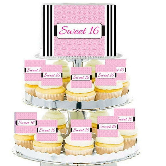 Sweet 16 Pink Girl Edible Photo Toppers & Edible Cupcake Decoration Kit