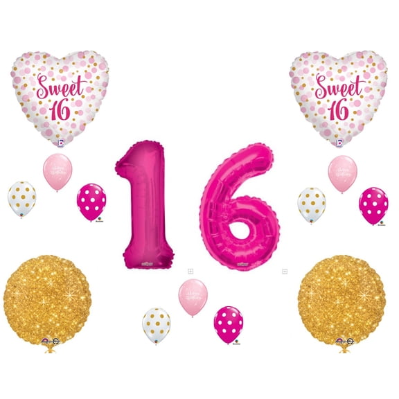 Sweet 16 Pink & Gold Polka Dots Birthday Party Balloons Decoration Supplies Sixteen