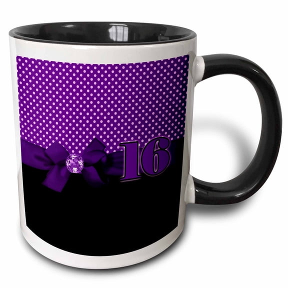 3drose, Sweet 16 Purple and Black Polka Dots with Ribbon and Digital Amethyst, 11oz Two-tone Black Mug