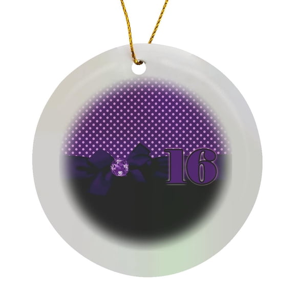 3drose, Sweet 16 Purple and Black Polka Dots with Ribbon and Digital Amethyst, Circle Porcelain Ornament