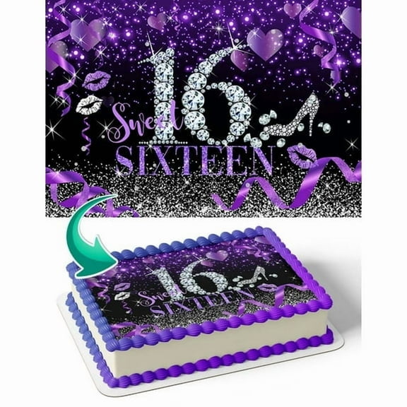 Sweet 16 Purple Glitter Party Happy Birthday Edible Image Cake Topper For Quarter Sheet Cake By TNCT