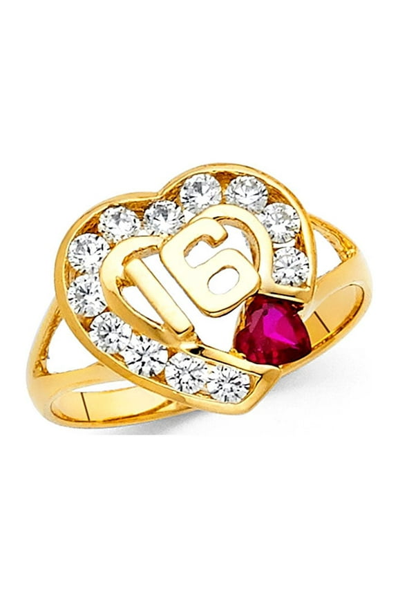 Sweet 16 Ring Solid 14k Yellow Gold Heart Band Birthday Stylish Red CZ Polished Finish Fancy
