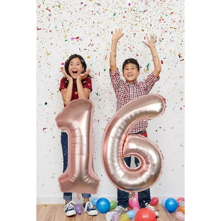 Sweet 16th Balloons Number Sixteen Balloons Giant 40 inch Party Balloons Birthday Party Balloons - Rose Gold