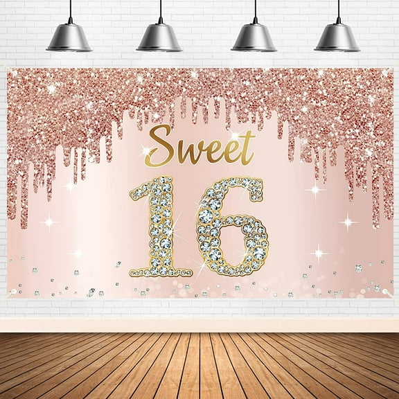Sweet 16th Birthday Banner Backdrop Decorations for Girls, Rose Gold 16 Birthday Party Sign Supplies, Pink 16 Years Old Birthday Poster Background Photo Booth Props Decor