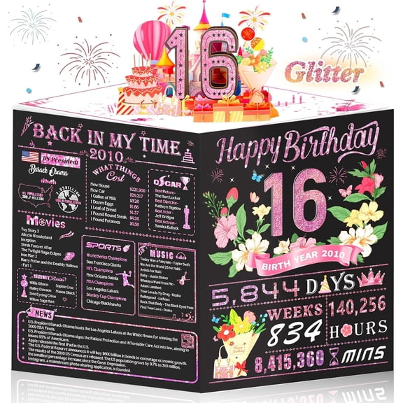 Sweet 16th Birthday Card for Girls Daughter,3D Pop Up Sweet 16th Birthday Cards for Granddaughter Sister,16th Birthday Decorations for 16 Year Old Girl Daughter Funny Birthday Gifts,Rose Glod In 2010