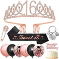 thumbnail image 1 of Sweet 16th Birthday Decorations Gifts Girl, Happy Birthday Party Supplies with Sweet 16 Sash, Tiara Rhinestone Crown, Black Rose Gold Balloon, Cake Topper, Keyring for 16 Party Decor Supplies Favor, 1 of 8