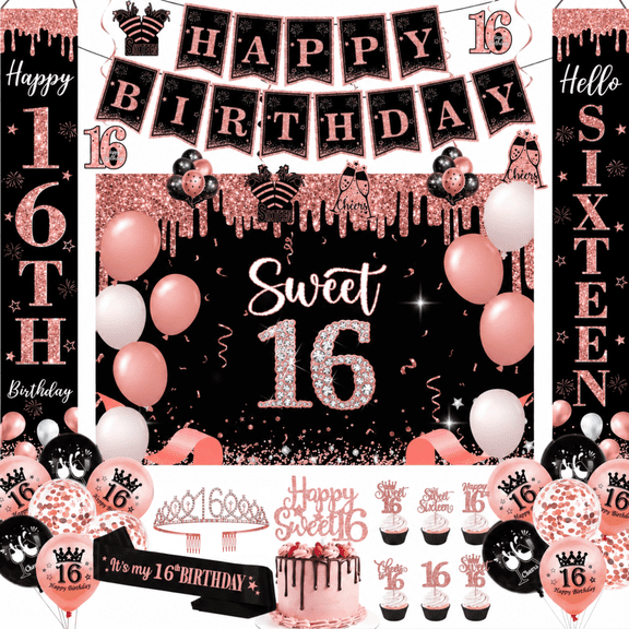 Sweet 16th Birthday Decorations for Girl, Rose Gold and Black 45-Piece Party Kit with Birthday Queen Crown, Sash, Photo Backdrop, Porch Sign, Balloons & Hanging Swirls