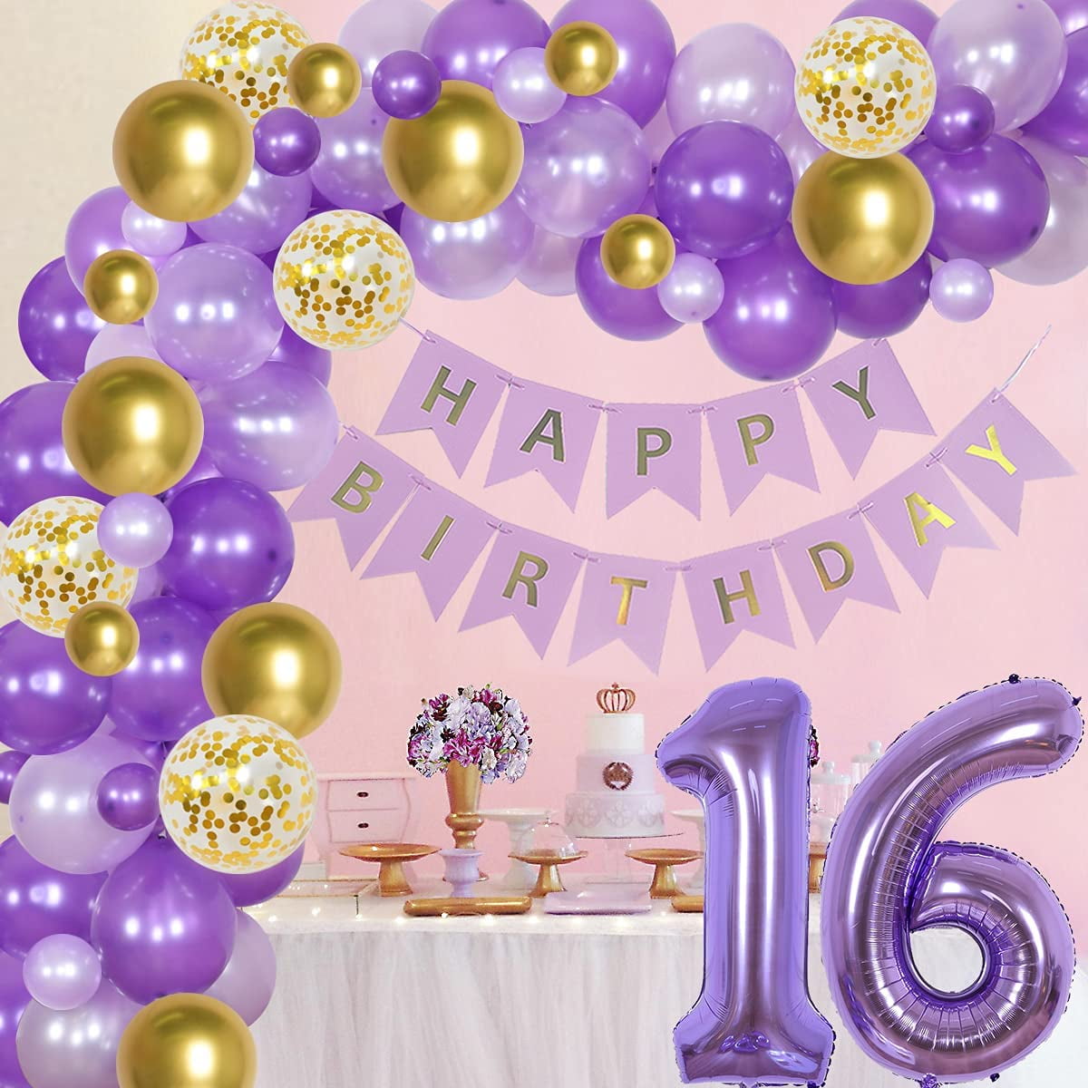Purple Sweet 16 Birthday Party Decor Kit - 90 Balloons, Banner & Garland Supplies For Girls